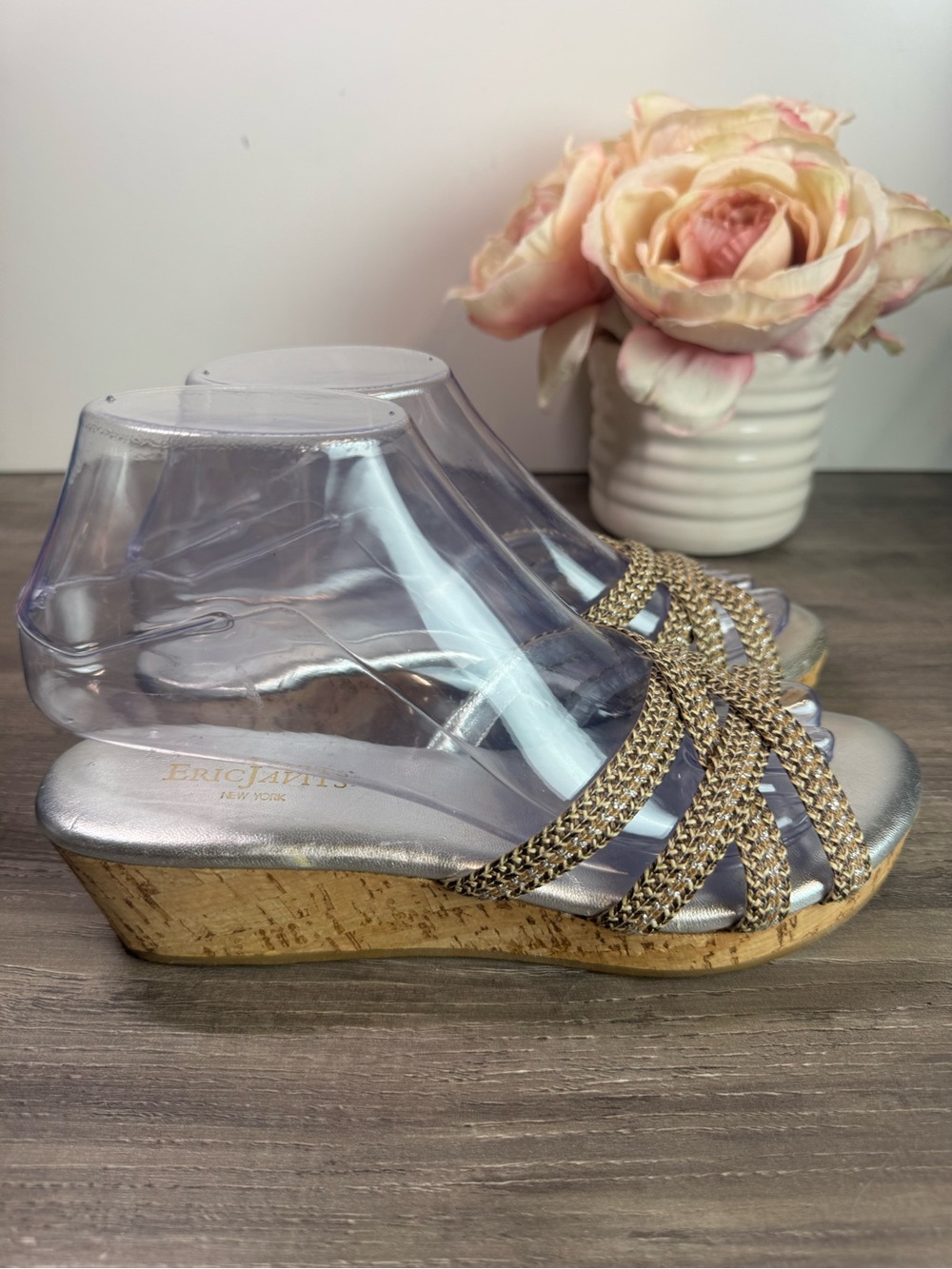 Eric Javits Raffia Metallic Braid cork wedge sandals size 7 - Picture 3 of 6
